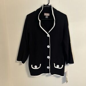 TanJay NWT Women's Black Knit Jacket Cardigan White Trim Button Front Size Large